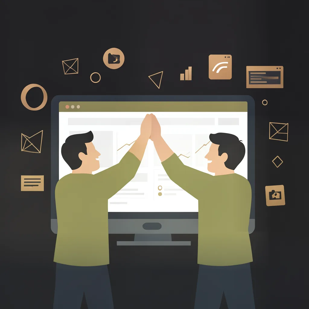 Illustration of two team members high-fiving in front of a monitor displaying a website layout