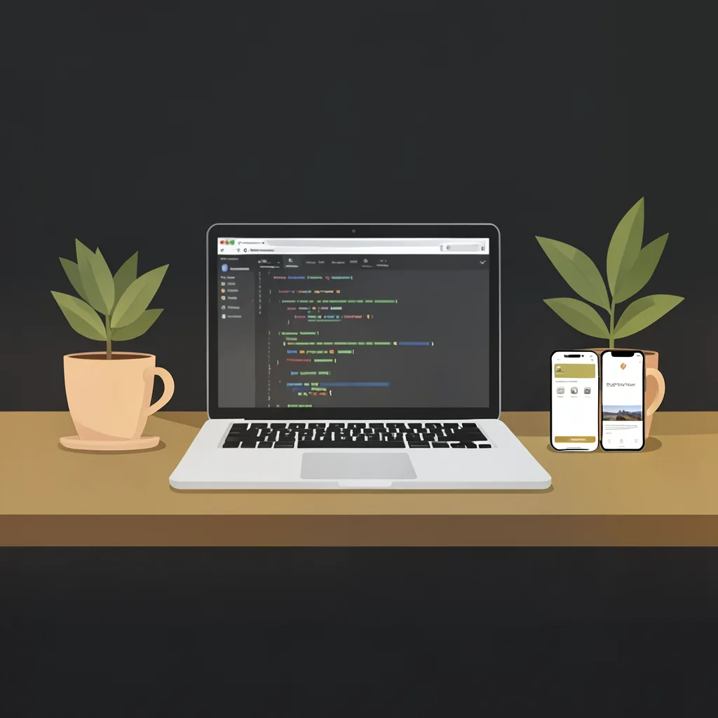 Illustration of a developer workspace with a laptop showing a code editor, a coffee cup, and a phone displaying a mobile app interface